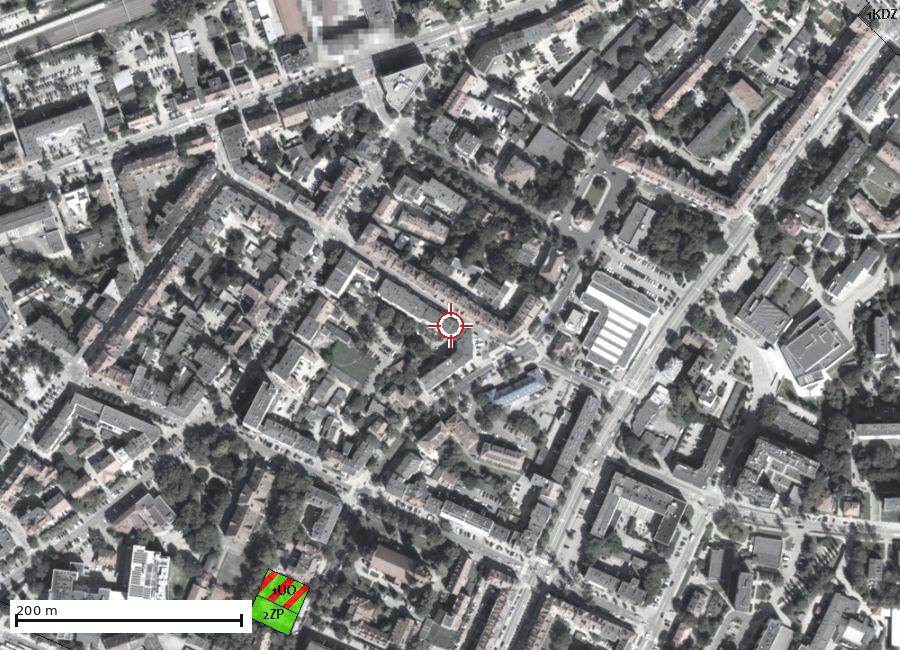Przeznaczenie terenu według miejscowych planów zagospodarowania przestrzennego, na tle ortofotomapy. Wycinek o szerokości 800 m.