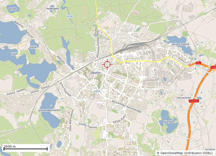 Mapa przeglądowa: położenie wycenianej nieruchomości na tle miasta Olsztyn. Znacznik wskazuje punkt adresowy. Wycinek o szerokości 10.0 km.